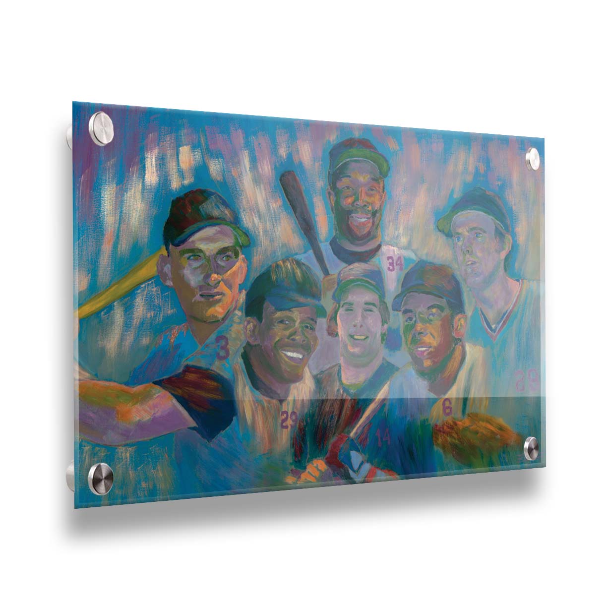 A portrait collage painting of Minnesota Twins' baseball players Harmon Killebrew, Tony Oliva, Rod Carew, Bert Blyleven, Kirby Puckett, and Kent Hrbek. Printed on acrylic.