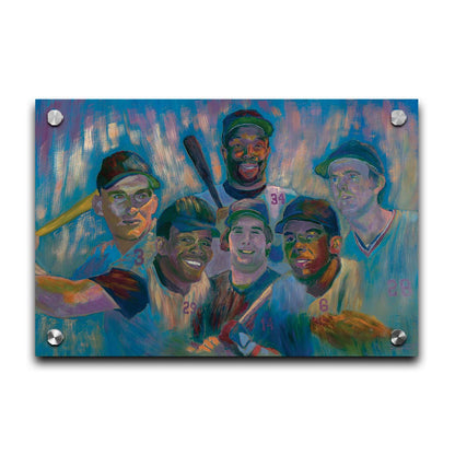 A portrait collage painting of Minnesota Twins' baseball players Harmon Killebrew, Tony Oliva, Rod Carew, Bert Blyleven, Kirby Puckett, and Kent Hrbek. Printed on acrylic.