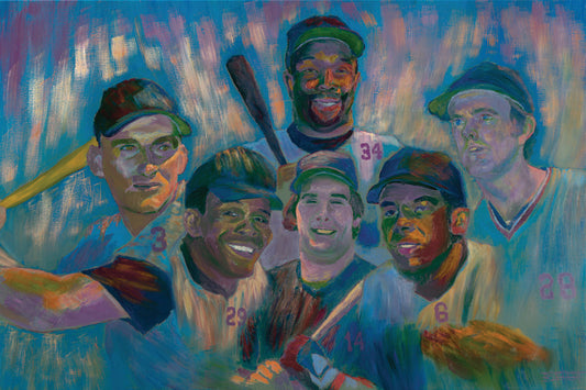 A portrait collage painting of Minnesota Twins' baseball players Harmon Killebrew, Tony Oliva, Rod Carew, Bert Blyleven, Kirby Puckett, and Kent Hrbek. 