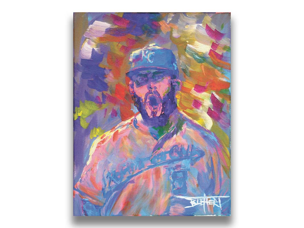 A portrait painting of Mike Moustakas of the Kansas City Royals baseball team against an abstract background of contrasting purples, yellows, and oranges. Printed on canvas.