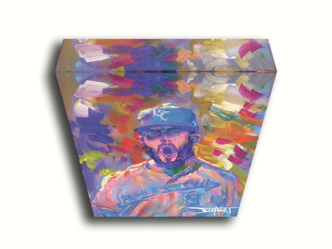 A portrait painting of Mike Moustakas of the Kansas City Royals baseball team against an abstract background of contrasting purples, yellows, and oranges. Printed on canvas.