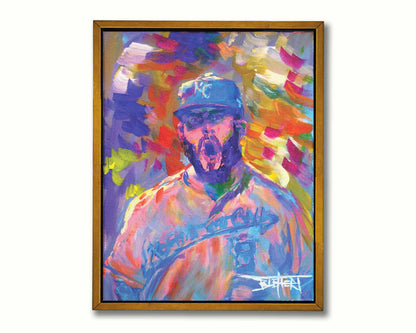 A portrait painting of Mike Moustakas of the Kansas City Royals baseball team against an abstract background of contrasting purples, yellows, and oranges. Printed on canvas in a float frame.