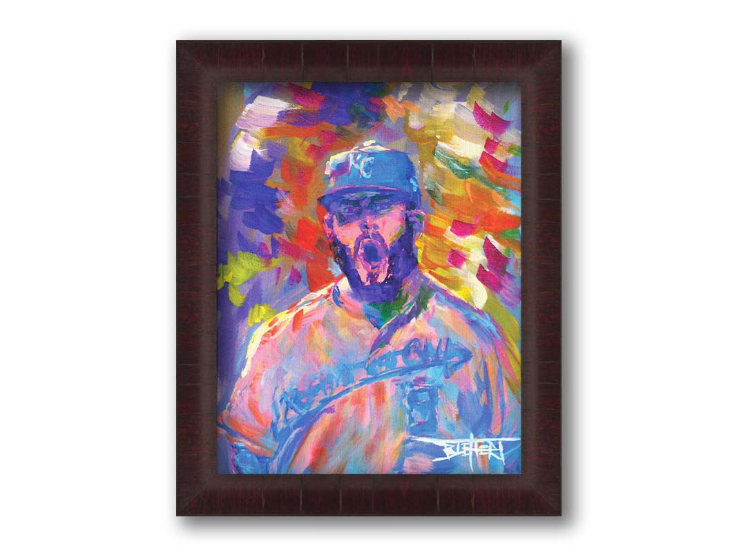 A portrait painting of Mike Moustakas of the Kansas City Royals baseball team against an abstract background of contrasting purples, yellows, and oranges. Printed on canvas and framed.