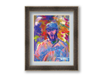 A portrait painting of Mike Moustakas of the Kansas City Royals baseball team against an abstract background of contrasting purples, yellows, and oranges. Printed on paper, matted, and framed.