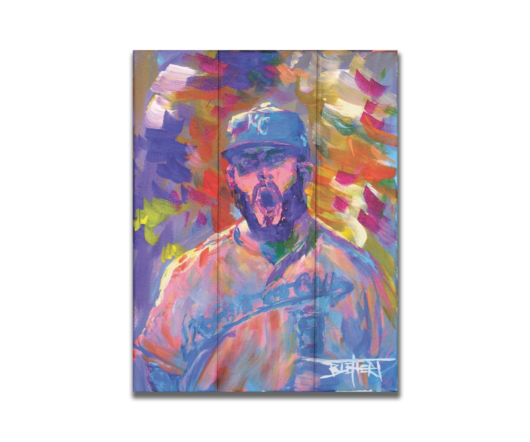 A portrait painting of Mike Moustakas of the Kansas City Royals baseball team against an abstract background of contrasting purples, yellows, and oranges. Printed on a box board.