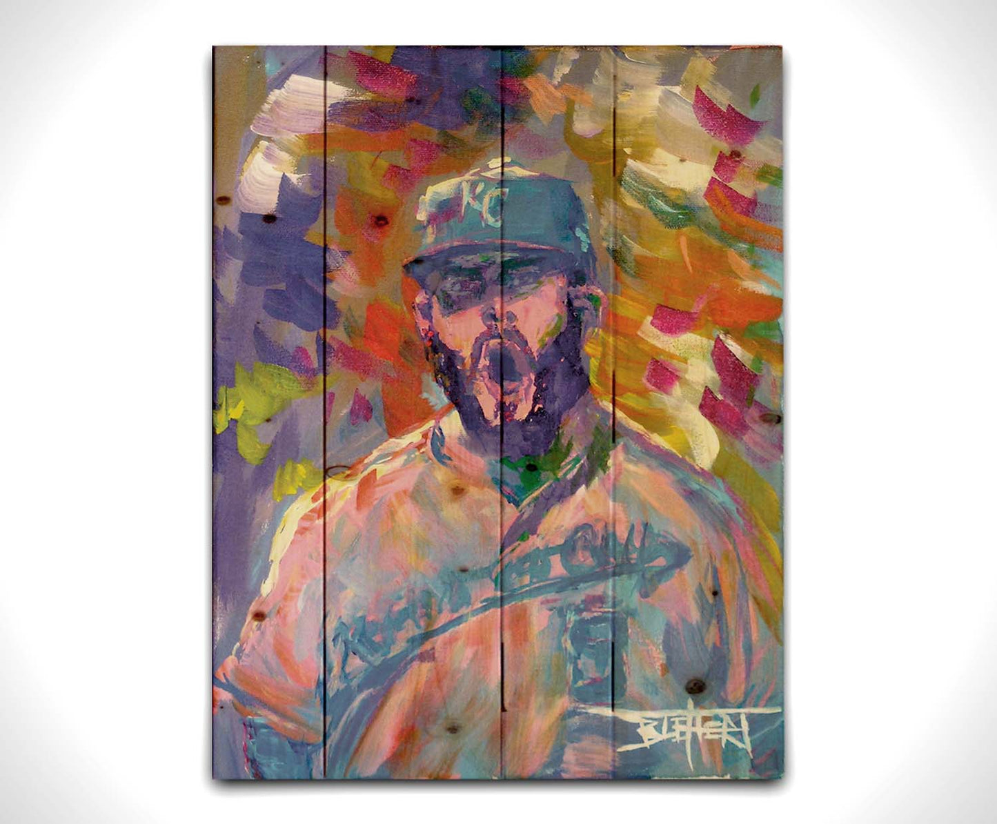 A portrait painting of Mike Moustakas of the Kansas City Royals baseball team against an abstract background of contrasting purples, yellows, and oranges. Printed on a wood pallet.