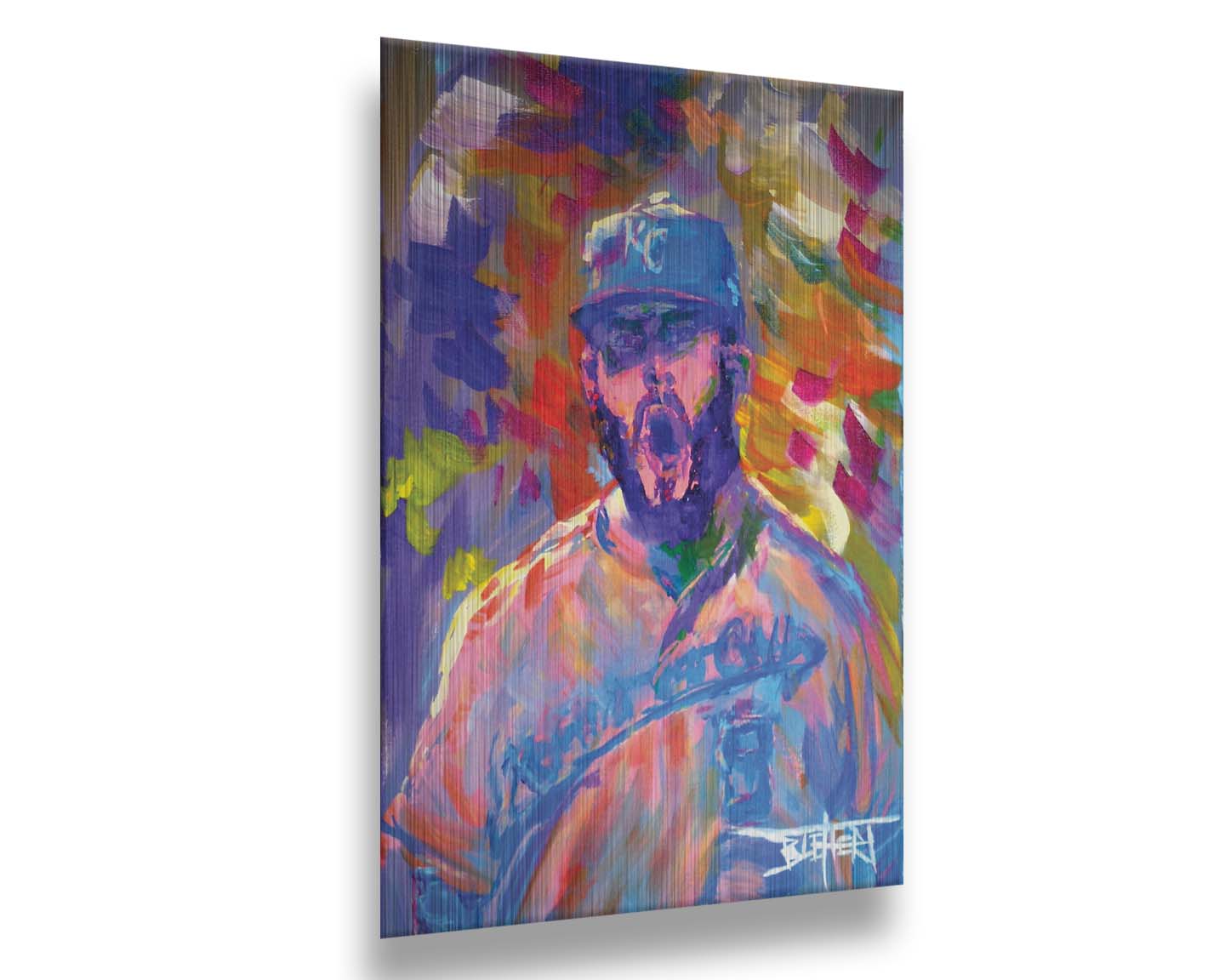 A portrait painting of Mike Moustakas of the Kansas City Royals baseball team against an abstract background of contrasting purples, yellows, and oranges. Printed on metal.