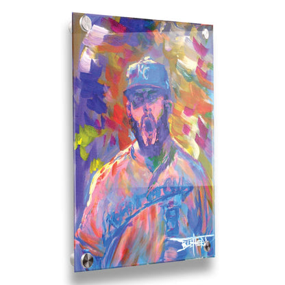 A portrait painting of Mike Moustakas of the Kansas City Royals baseball team against an abstract background of contrasting purples, yellows, and oranges. Printed on acrylic.