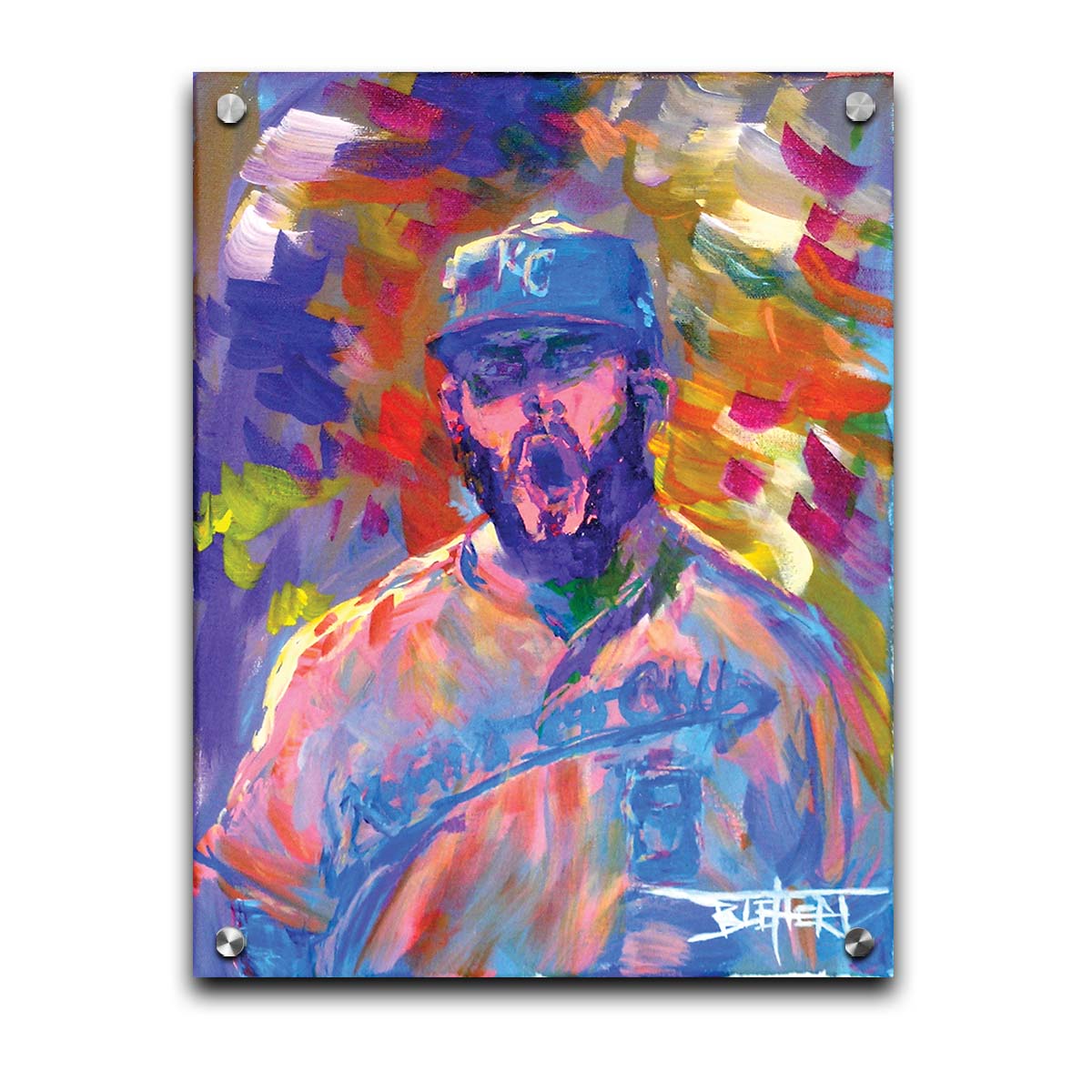 A portrait painting of Mike Moustakas of the Kansas City Royals baseball team against an abstract background of contrasting purples, yellows, and oranges. Printed on acrylic.