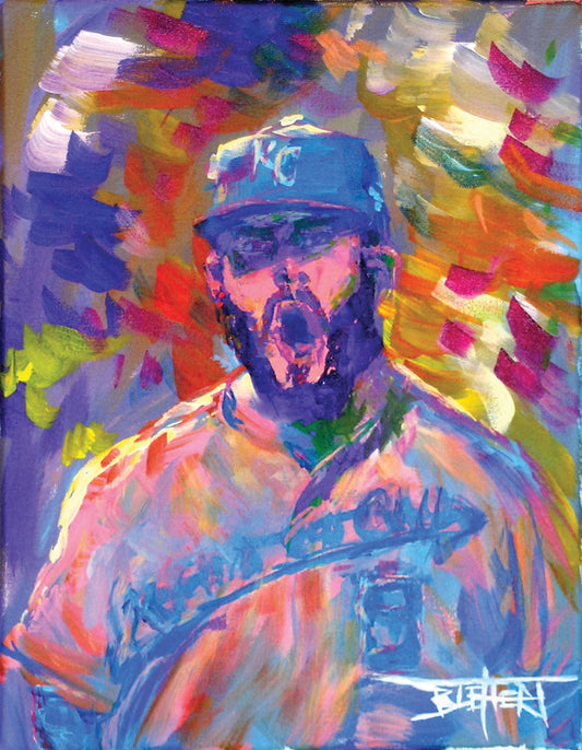 A portrait painting of Mike Moustakas of the Kansas City Royals baseball team against an abstract background of contrasting purples, yellows, and oranges.