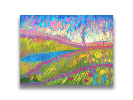 An abstracted painting of a green hilly landscape, with bright blue water and pink flowers. Printed on canvas.