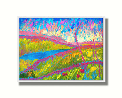 An abstracted painting of a green hilly landscape, with bright blue water and pink flowers. Printed on canvas in a float frame.