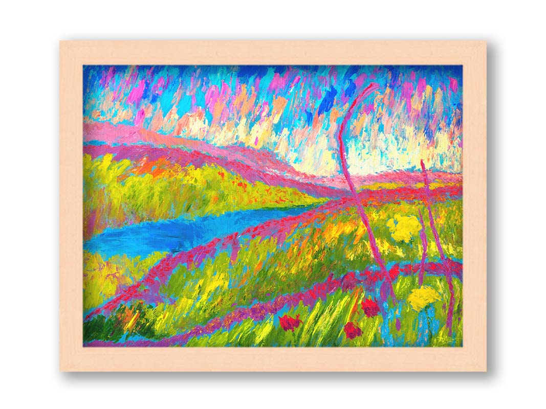 An abstracted painting of a green hilly landscape, with bright blue water and pink flowers. Printed on canvas and framed.