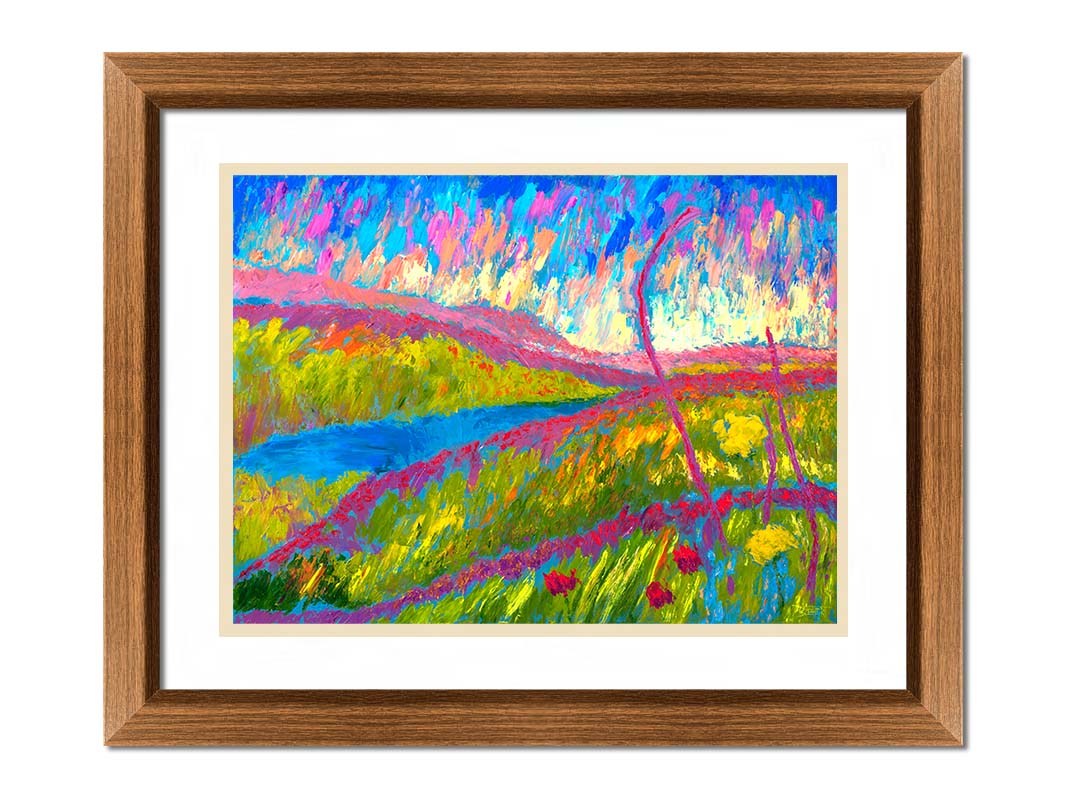 An abstracted painting of a green hilly landscape, with bright blue water and pink flowers. Printed on paper, matted, and framed.