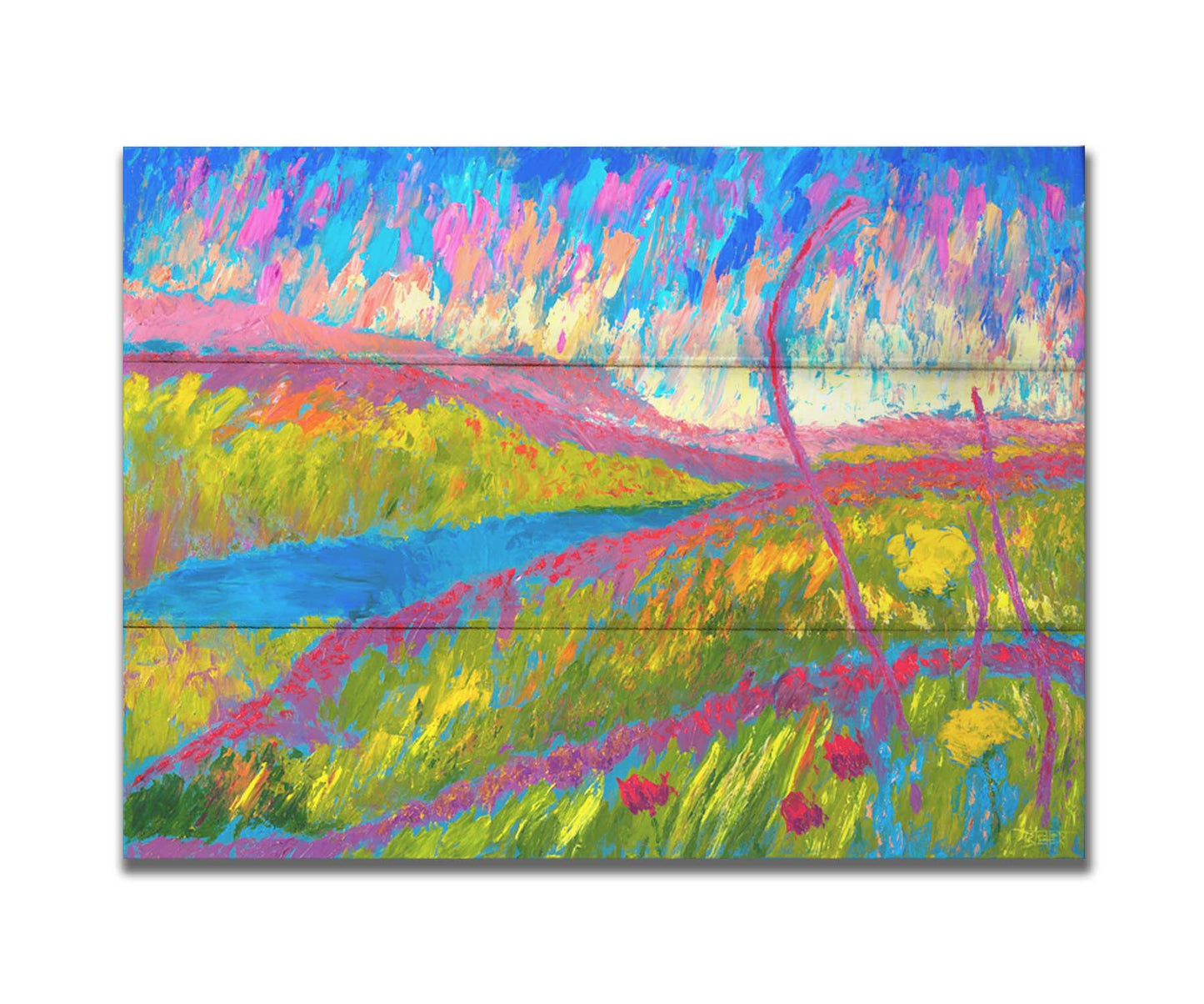 An abstracted painting of a green hilly landscape, with bright blue water and pink flowers. Printed on a box board.