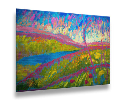 An abstracted painting of a green hilly landscape, with bright blue water and pink flowers. Printed on metal.