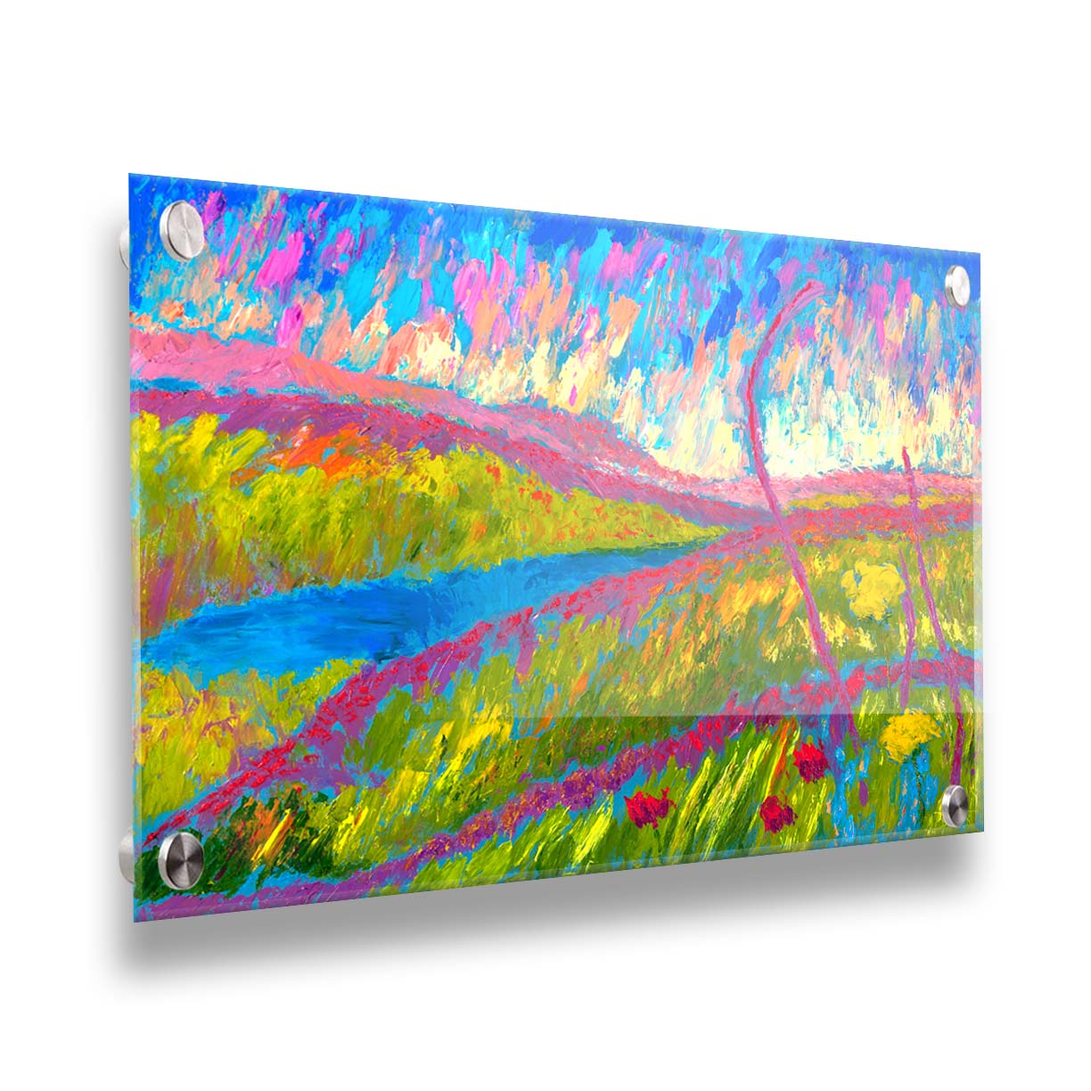 An abstracted painting of a green hilly landscape, with bright blue water and pink flowers. Printed on acrylic.