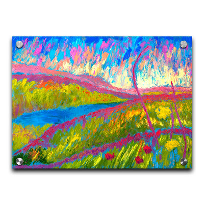 An abstracted painting of a green hilly landscape, with bright blue water and pink flowers. Printed on acrylic.