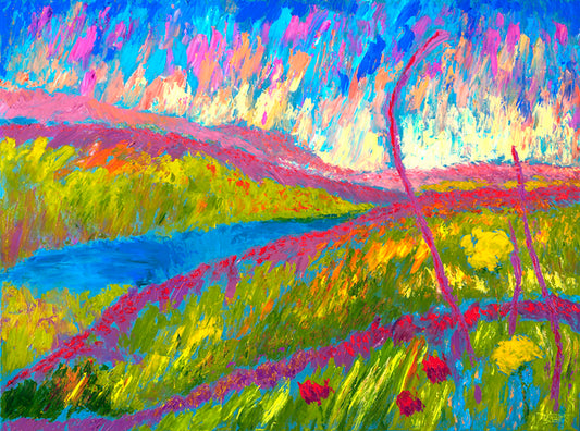 An abstracted painting of a green hilly landscape, with bright blue water and pink flowers.
