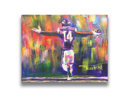 A painting of Minnesota Vikings wide receiver, Stefon Diggs, celebrating against an abstract background. Geometric forms and visible brushstrokes accent the piece. Printed on canvas.