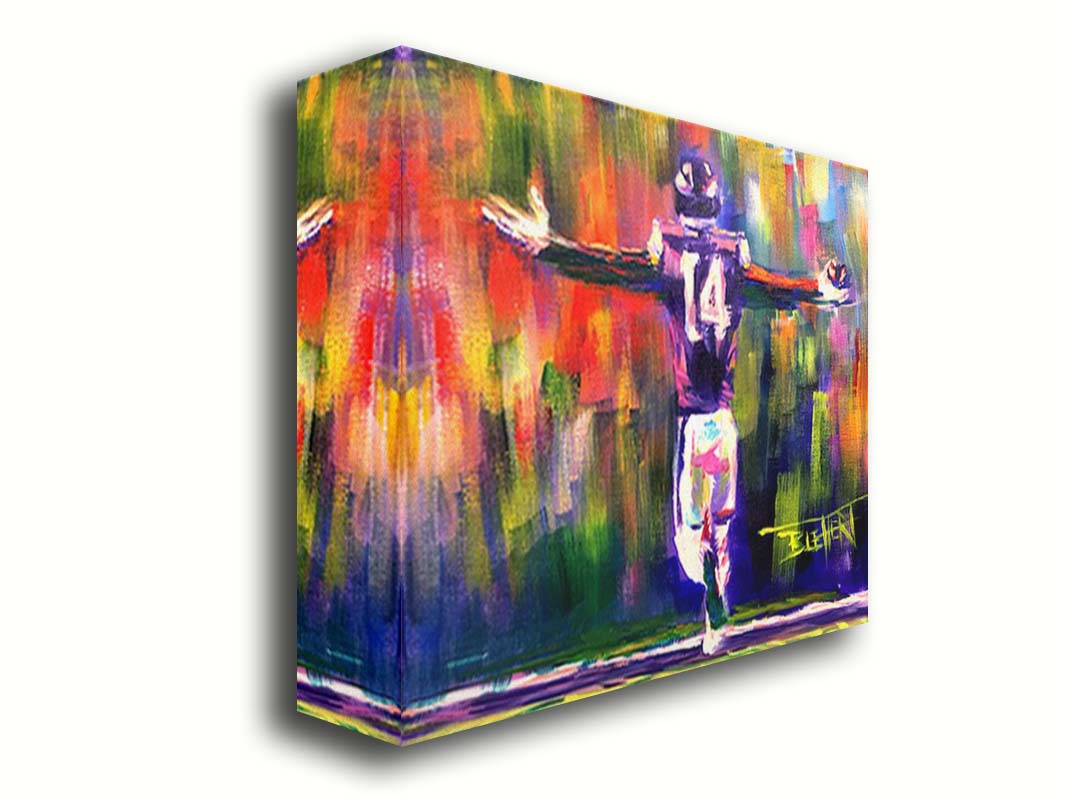 A painting of Minnesota Vikings wide receiver, Stefon Diggs, celebrating against an abstract background. Geometric forms and visible brushstrokes accent the piece. Printed on canvas.