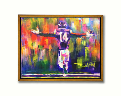 A painting of Minnesota Vikings wide receiver, Stefon Diggs, celebrating against an abstract background. Geometric forms and visible brushstrokes accent the piece. Printed on canvas in a float frame.