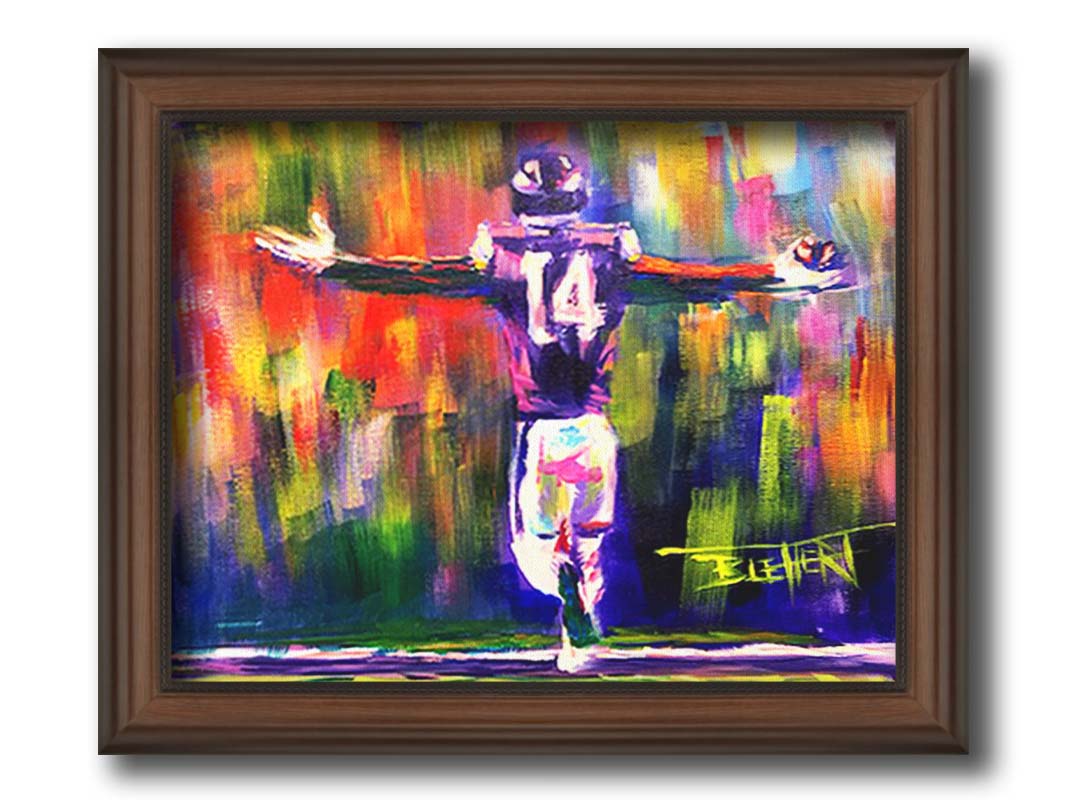 A painting of Minnesota Vikings wide receiver, Stefon Diggs, celebrating against an abstract background. Geometric forms and visible brushstrokes accent the piece. Printed on canvas and framed.