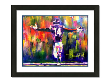 A painting of Minnesota Vikings wide receiver, Stefon Diggs, celebrating against an abstract background. Geometric forms and visible brushstrokes accent the piece. Printed on paper, matted, and framed.