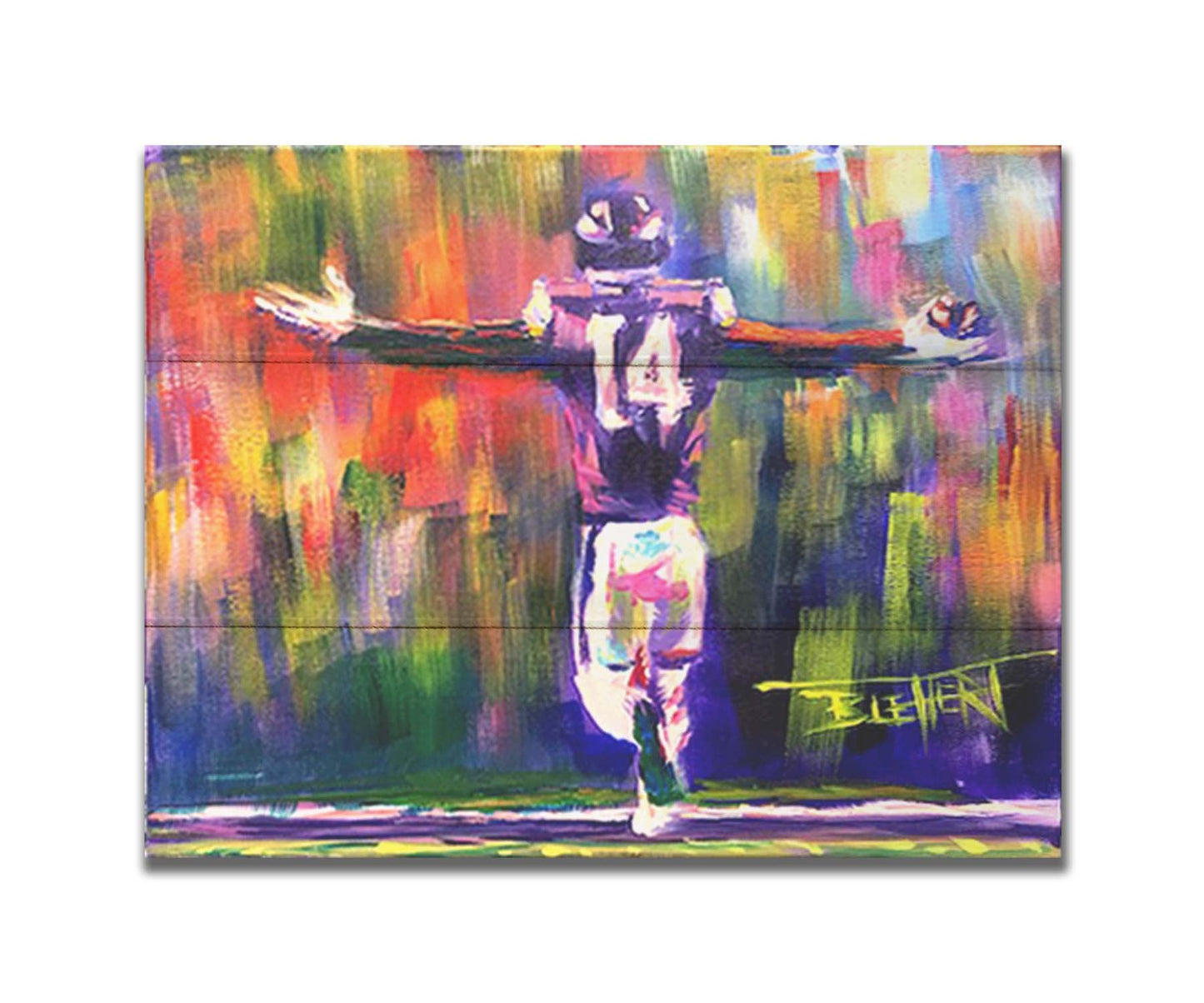 A painting of Minnesota Vikings wide receiver, Stefon Diggs, celebrating against an abstract background. Geometric forms and visible brushstrokes accent the piece. Printed on a box board.