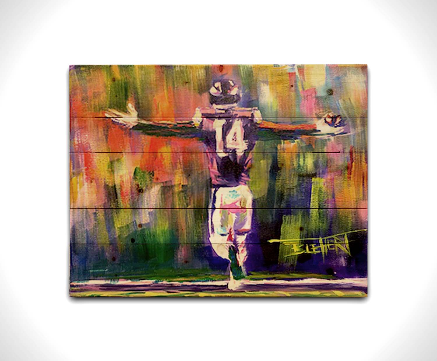 A painting of Minnesota Vikings wide receiver, Stefon Diggs, celebrating against an abstract background. Geometric forms and visible brushstrokes accent the piece. Printed on a wood pallet.