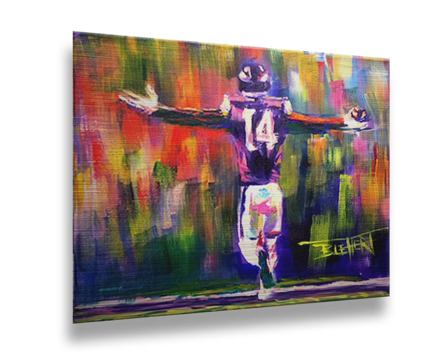 A painting of Minnesota Vikings wide receiver, Stefon Diggs, celebrating against an abstract background. Geometric forms and visible brushstrokes accent the piece. Printed on metal.