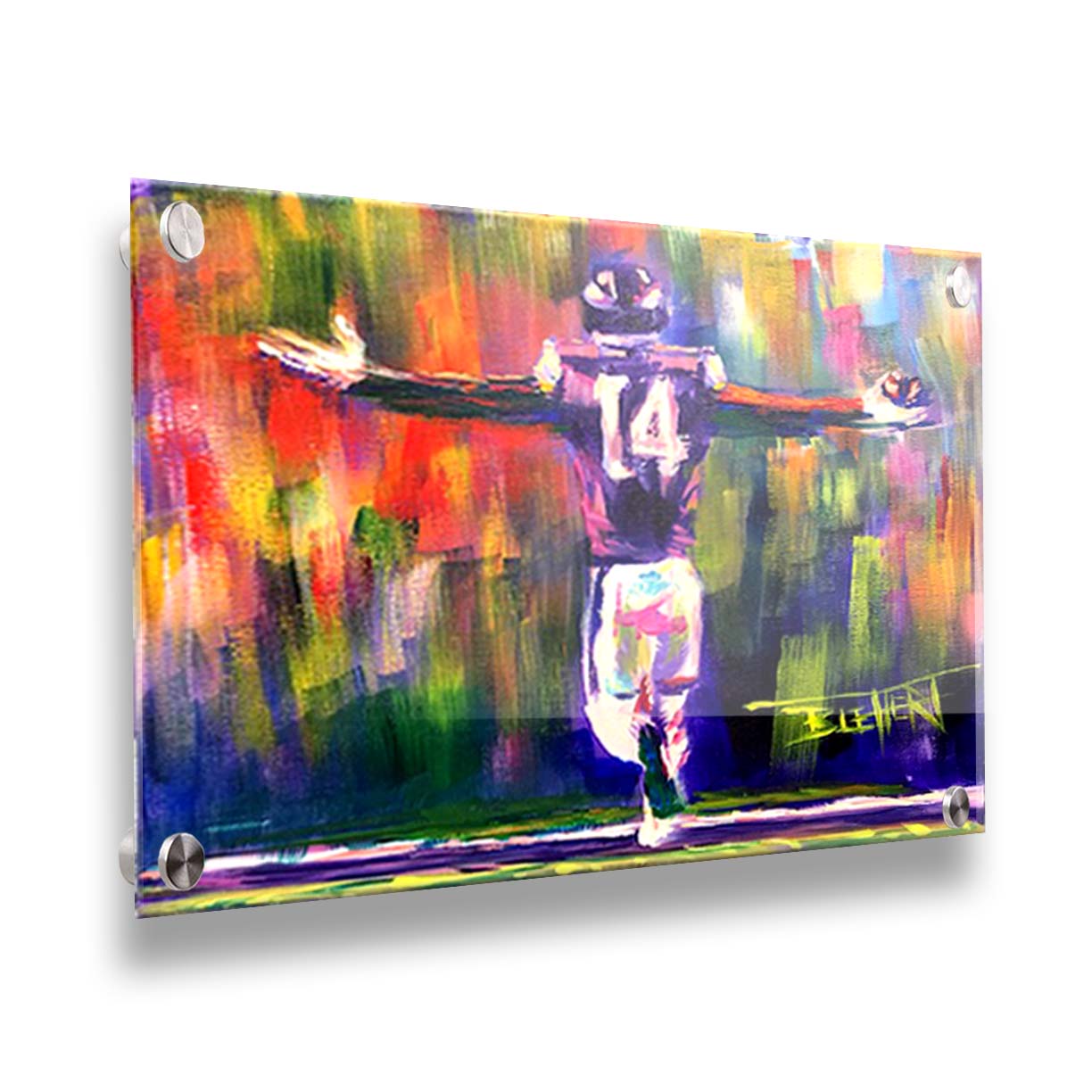 A painting of Minnesota Vikings wide receiver, Stefon Diggs, celebrating against an abstract background. Geometric forms and visible brushstrokes accent the piece. Printed on acrylic.