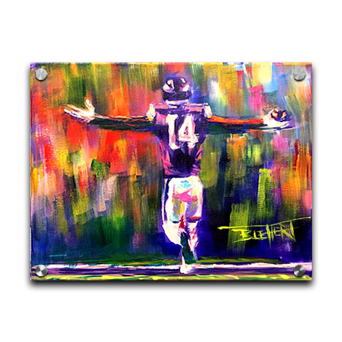 A painting of Minnesota Vikings wide receiver, Stefon Diggs, celebrating against an abstract background. Geometric forms and visible brushstrokes accent the piece. Printed on acrylic.