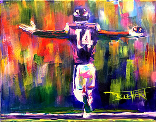A painting of Minnesota Vikings wide receiver, Stefon Diggs, celebrating against an abstract background. Geometric forms and visible brushstrokes accent the piece.