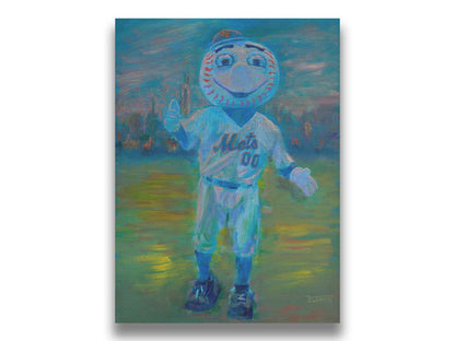 A portrait painting of the Mr. Met mascot for the New York Mets baseball team. Printed on canvas.