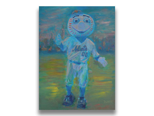 A portrait painting of the Mr. Met mascot for the New York Mets baseball team. Printed on canvas.