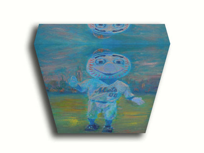 A portrait painting of the Mr. Met mascot for the New York Mets baseball team. Printed on canvas.