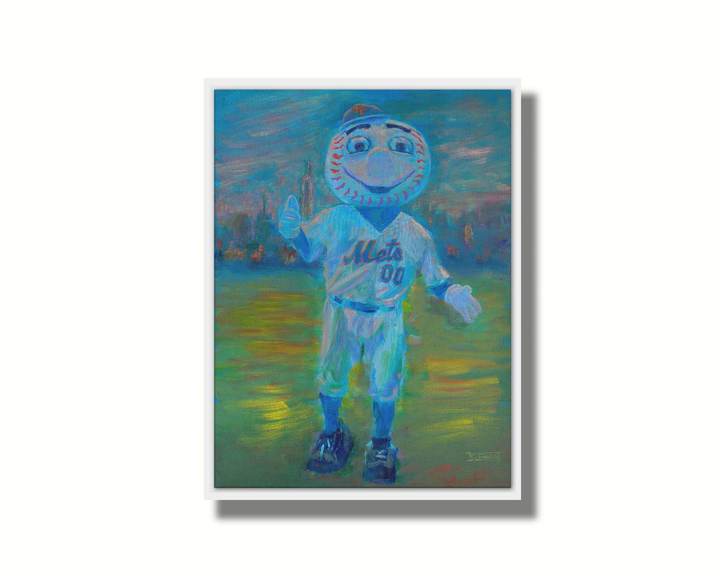 A portrait painting of the Mr. Met mascot for the New York Mets baseball team. Printed on canvas in a float frame.