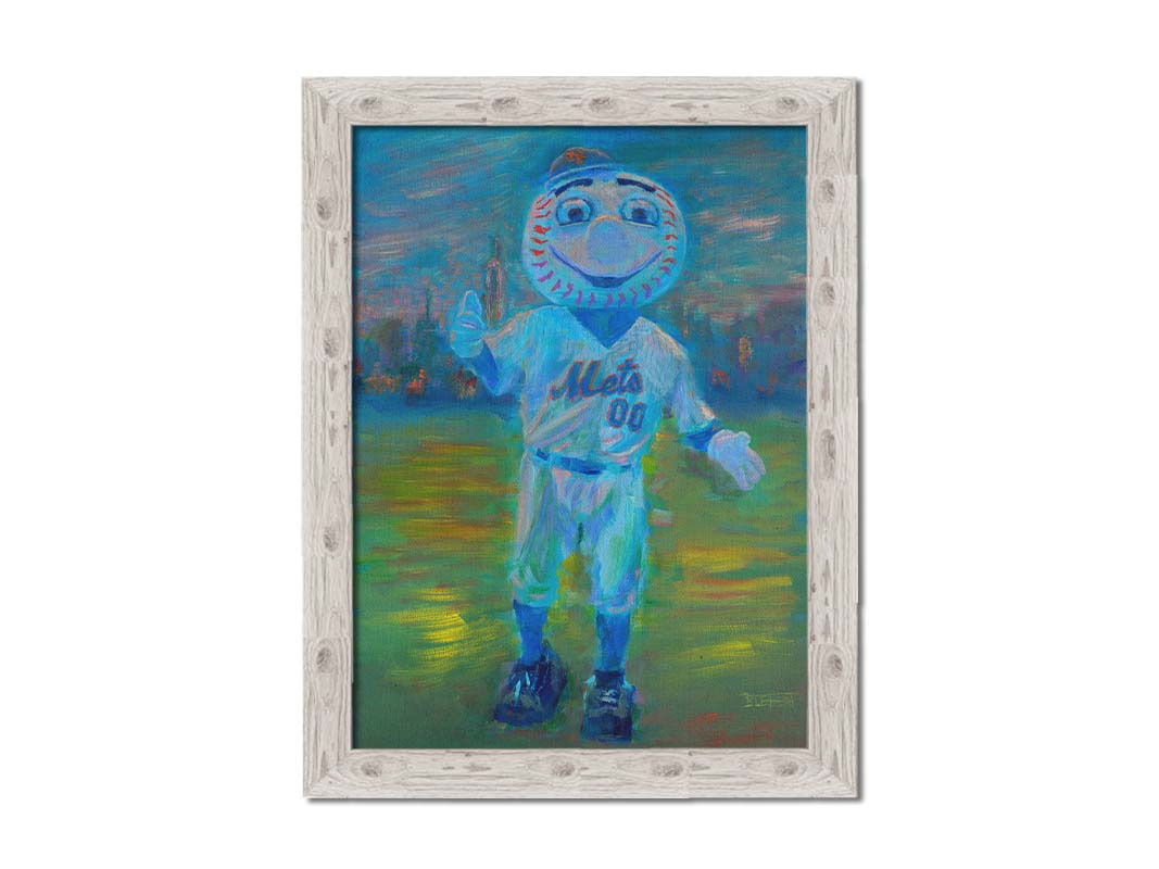 A portrait painting of the Mr. Met mascot for the New York Mets baseball team. Printed on canvas and framed.