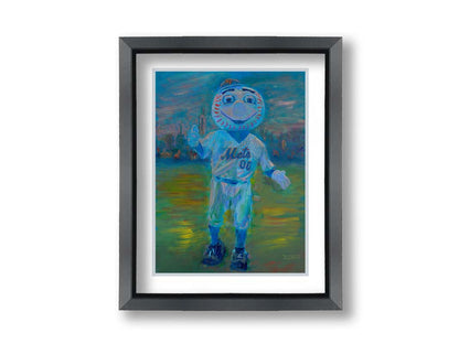 A portrait painting of the Mr. Met mascot for the New York Mets baseball team. Printed on paper, matted, and framed.