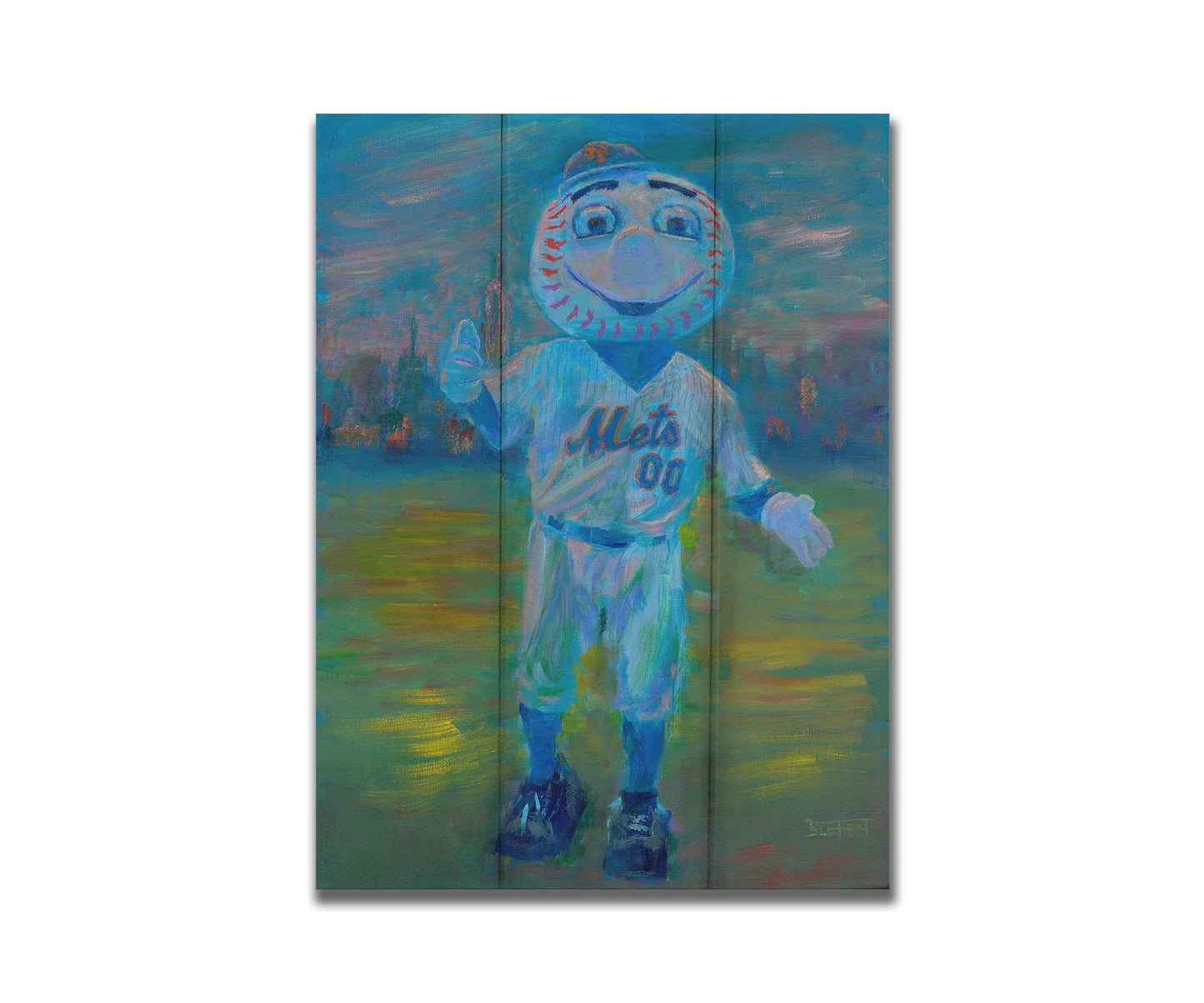 A portrait painting of the Mr. Met mascot for the New York Mets baseball team. Printed on a box board.