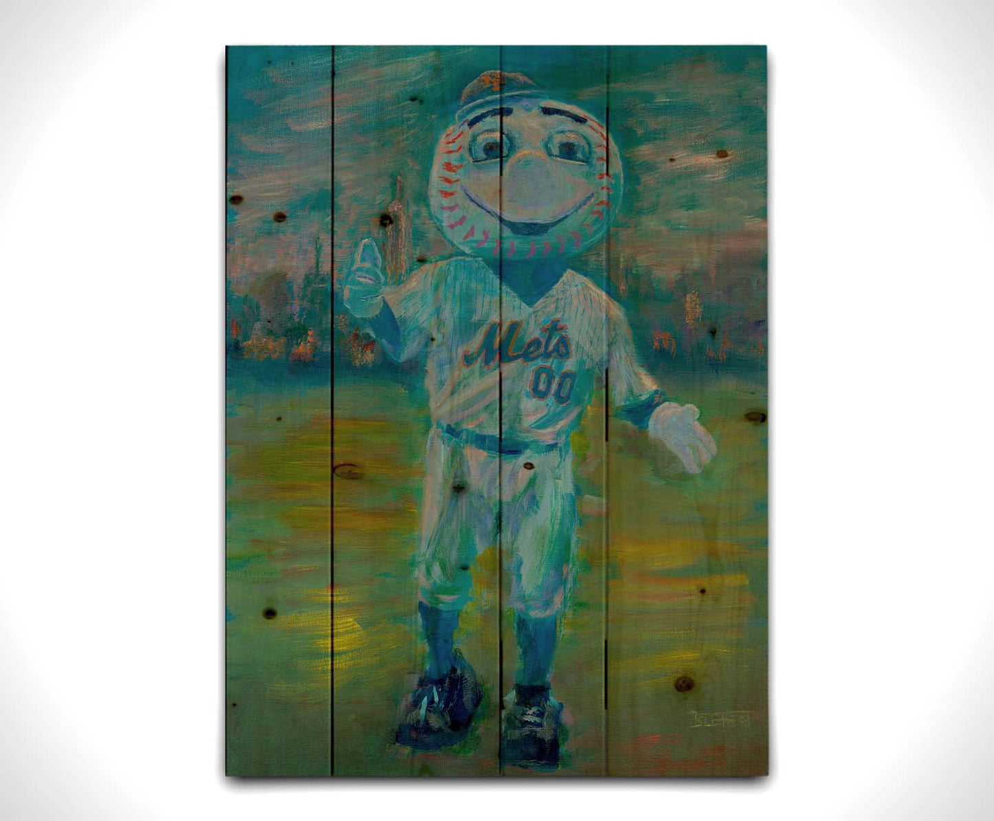 A portrait painting of the Mr. Met mascot for the New York Mets baseball team. Printed on a wood pallet.