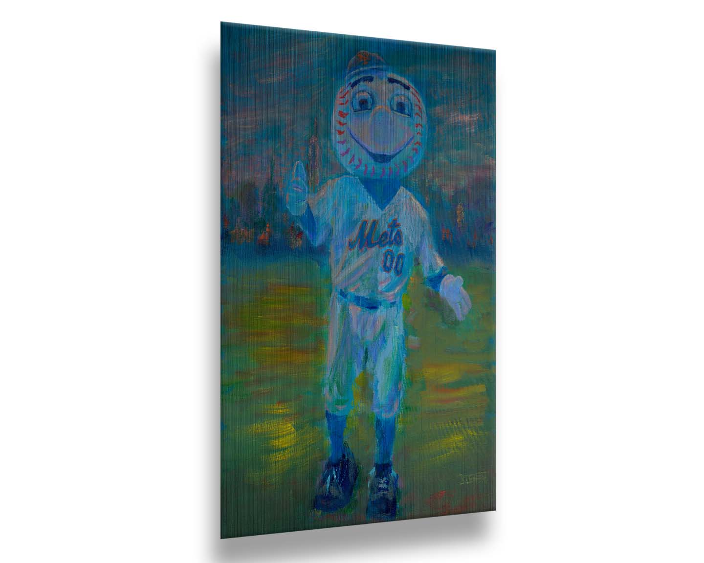 A portrait painting of the Mr. Met mascot for the New York Mets baseball team. Printed on metal.