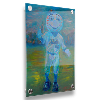 A portrait painting of the Mr. Met mascot for the New York Mets baseball team. Printed on acrylic.