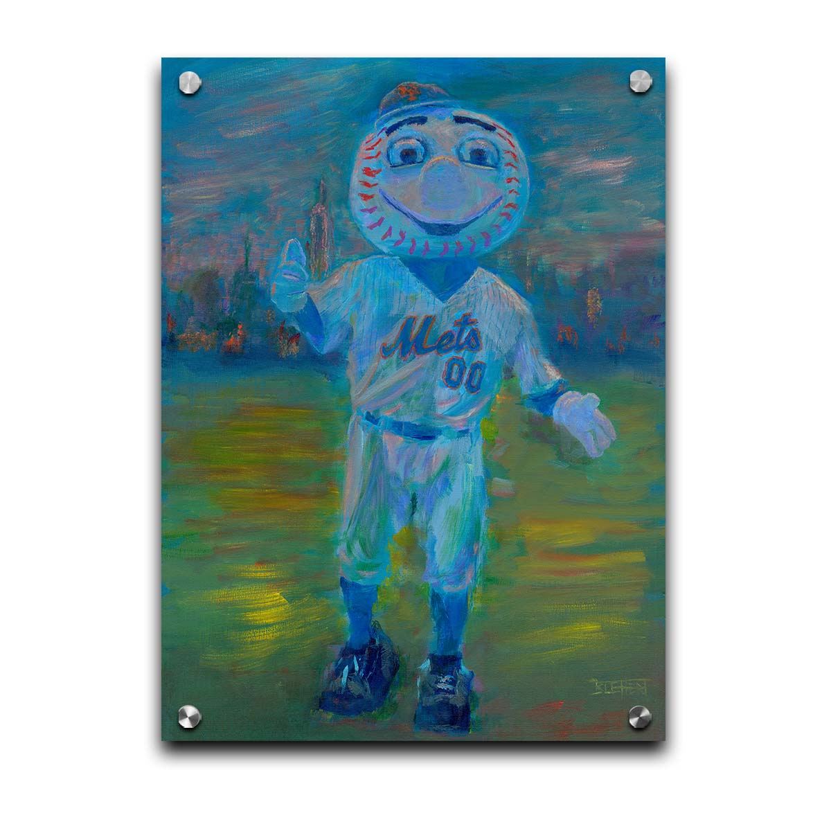 A portrait painting of the Mr. Met mascot for the New York Mets baseball team. Printed on acrylic.