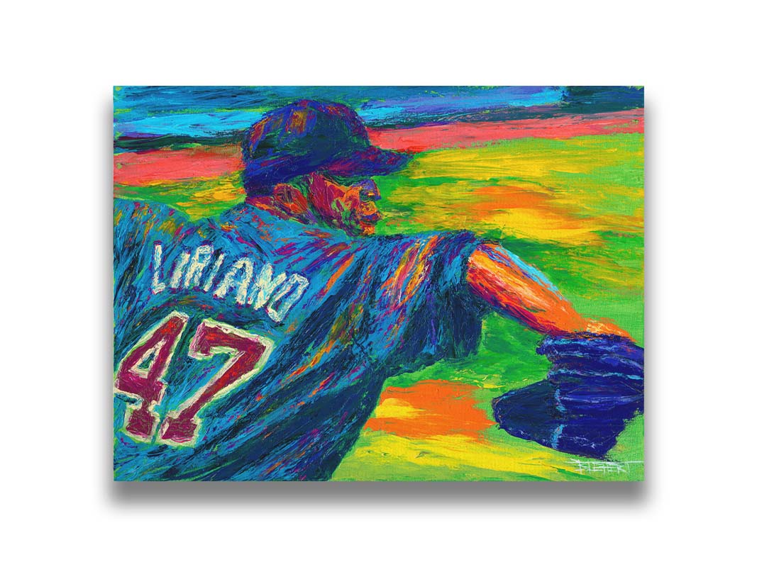 A painting of Minnesota Twins pitcher Francisco Liriano about to throw the ball, painted in a palette of bright, arbitrary colors. Printed on canvas.