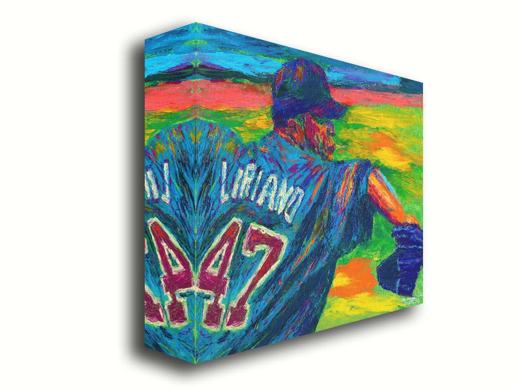 A painting of Minnesota Twins pitcher Francisco Liriano about to throw the ball, painted in a palette of bright, arbitrary colors. Printed on canvas.