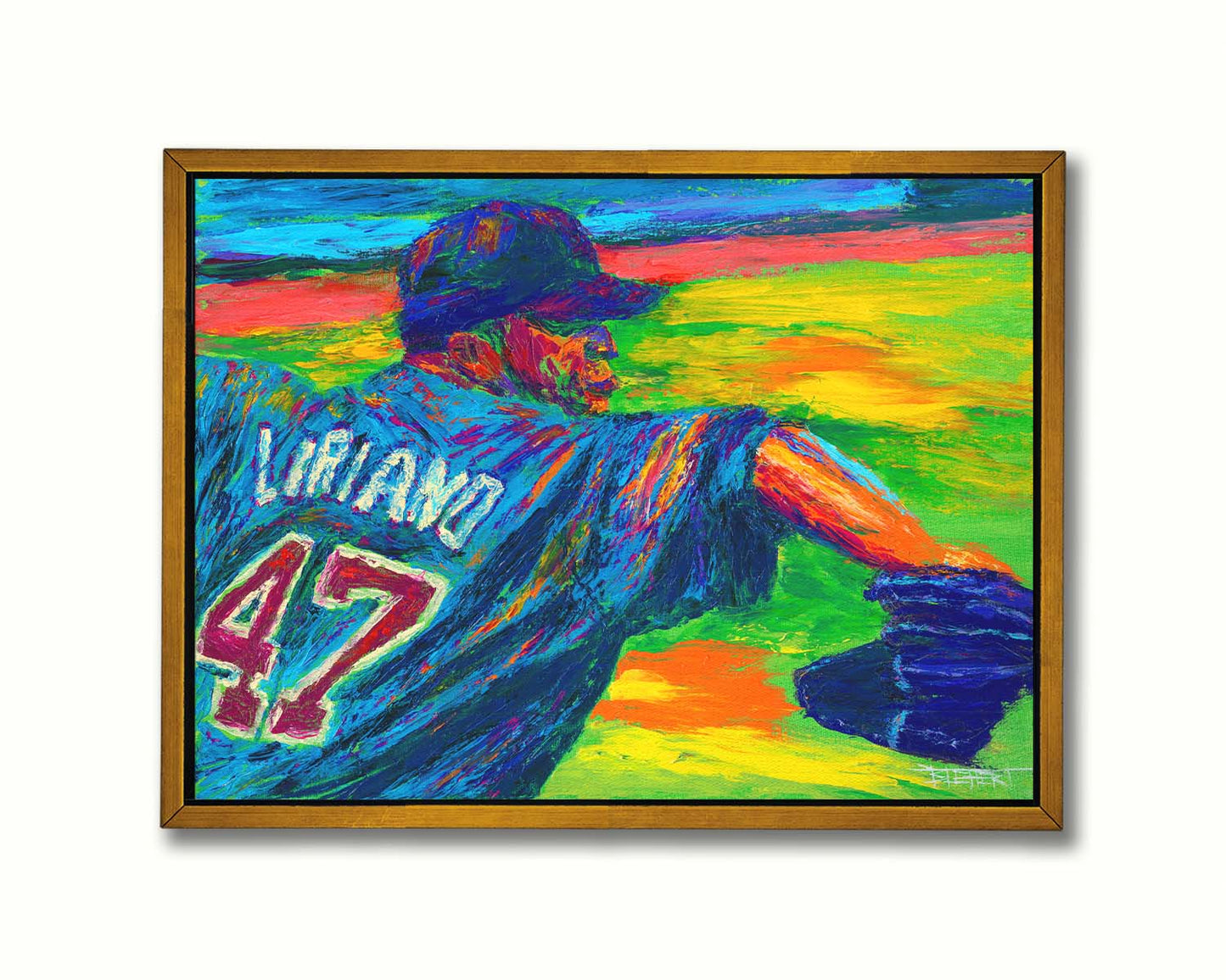 A painting of Minnesota Twins pitcher Francisco Liriano about to throw the ball, painted in a palette of bright, arbitrary colors. Printed on canvas in a float frame.