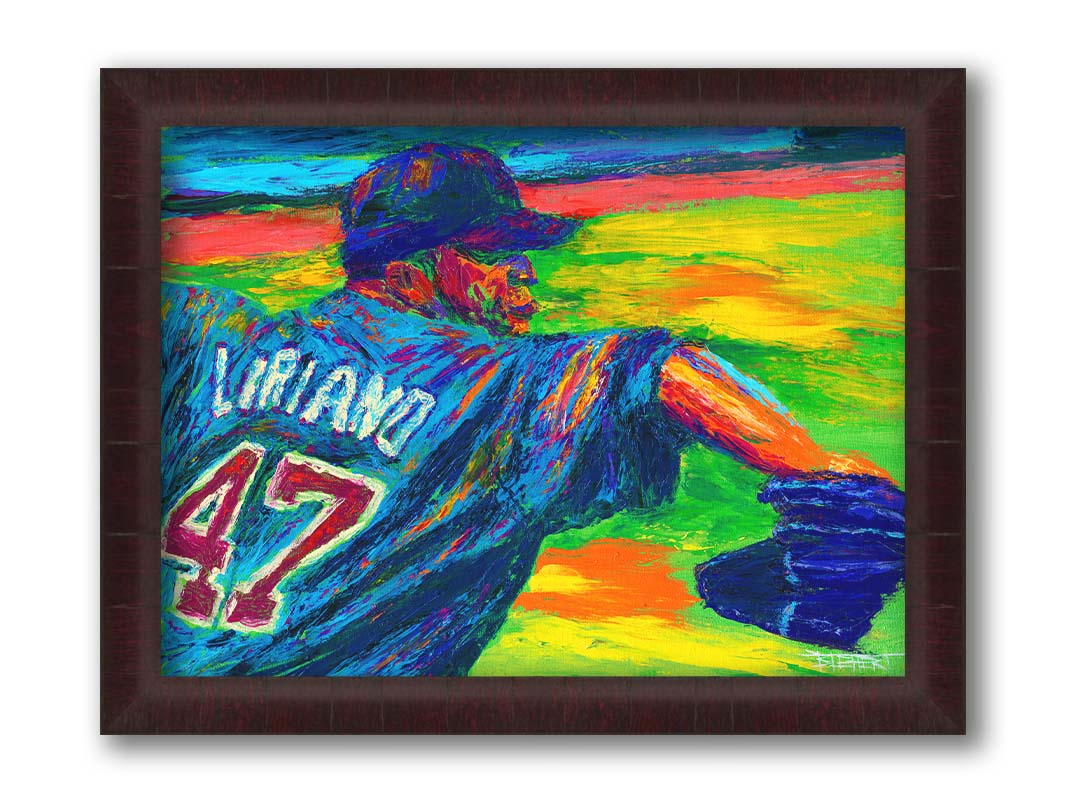 A painting of Minnesota Twins pitcher Francisco Liriano about to throw the ball, painted in a palette of bright, arbitrary colors. Printed on canvas and framed.