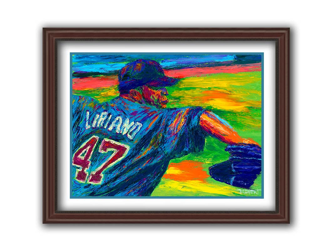 A painting of Minnesota Twins pitcher Francisco Liriano about to throw the ball, painted in a palette of bright, arbitrary colors. Printed on paper, matted, and framed.